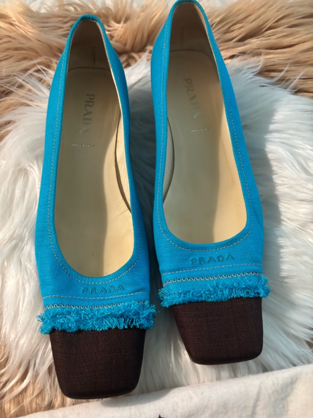 Prada Turquoise Canvas Pumps with Brown Square Toe - Picture 2 of 7